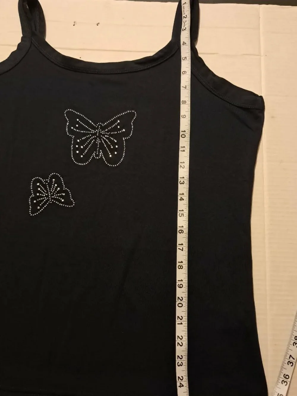Navy Blue Strappy Top Rhinestone Butterfly Detail Size L - Picture 6 of 7